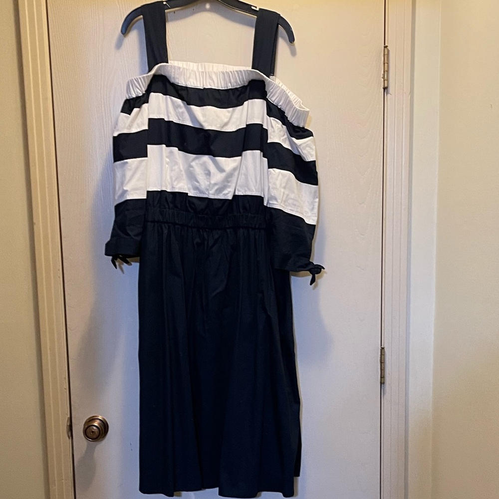 EShakti Cold Shoulder Cotton twill 3/4 sleeve Navy & White Midi dress Sz 22W/2X
